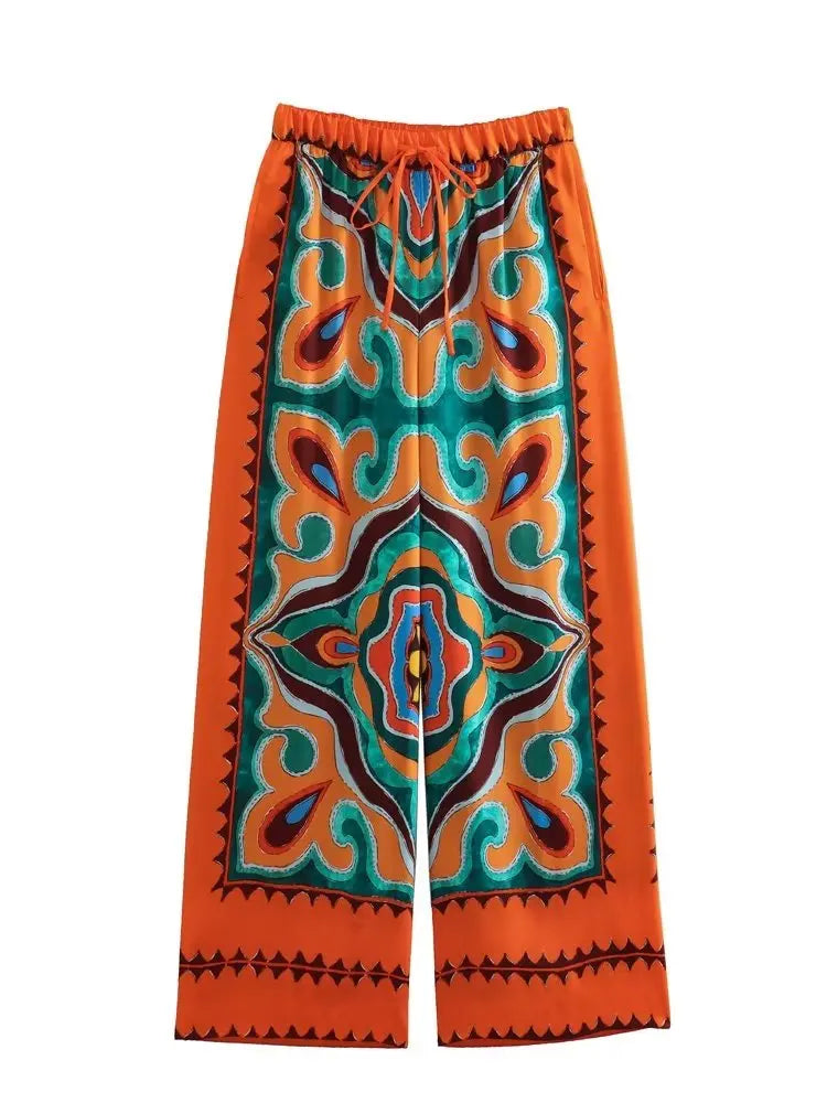 BlingBlingee Summer Printed Women Wide Pants Satin Suits Traf Asymmetric Sleeveless Strapless Crop Top Female Sets Y2K Only Pants 3