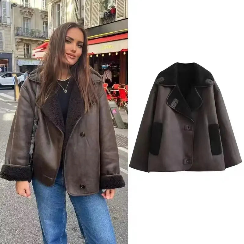 Woman Thick Faux Leather Jackets For Women Autumn Winter Warm Wool Blends Coats Demi-Season Plush Jacket Outerwear Female