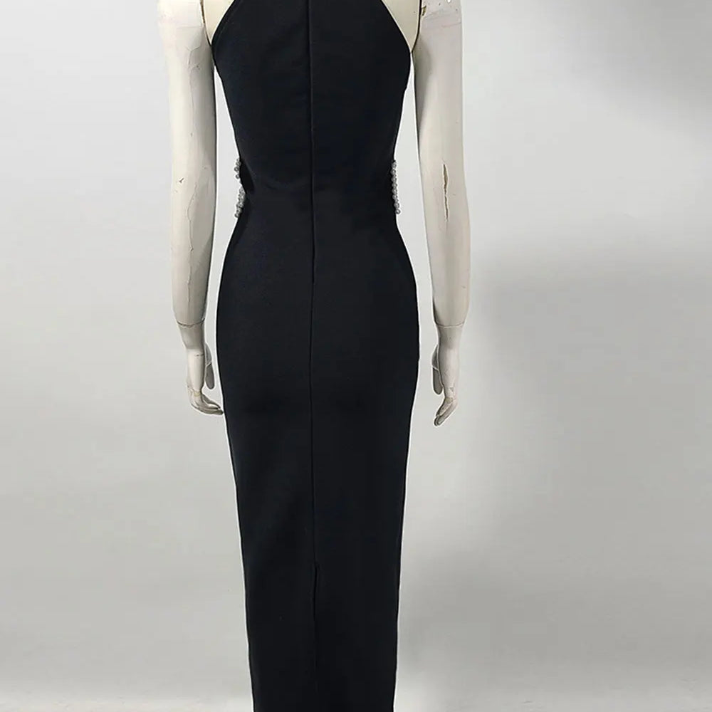 2025 Elegant Women's Light Luxury Nail Bead Patchwork Design Bandage Dress O-Neck Sleeveless Bodycon Long Dresses Party Vestidos