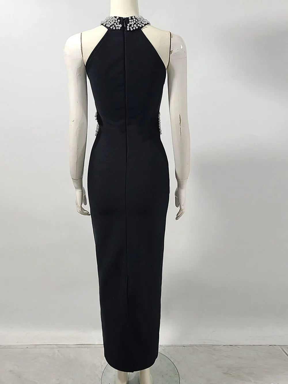 2025 Elegant Women's Light Luxury Nail Bead Patchwork Design Bandage Dress O-Neck Sleeveless Bodycon Long Dresses Party Vestidos