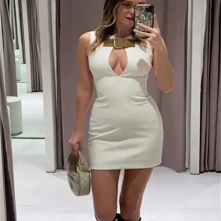 Elegant Solid Slim Sleeveless White Mini Dress Women Sexy Hollow Out Leather Buckle Short Vestidos Chic Ladies Streetwear