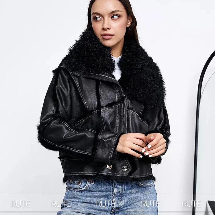 fur coat women winter 2024 Sheepskin Fabric Sheepskin O-Neck Rabbit fur lining Short jacket Fashionable luxury Women's clothing black