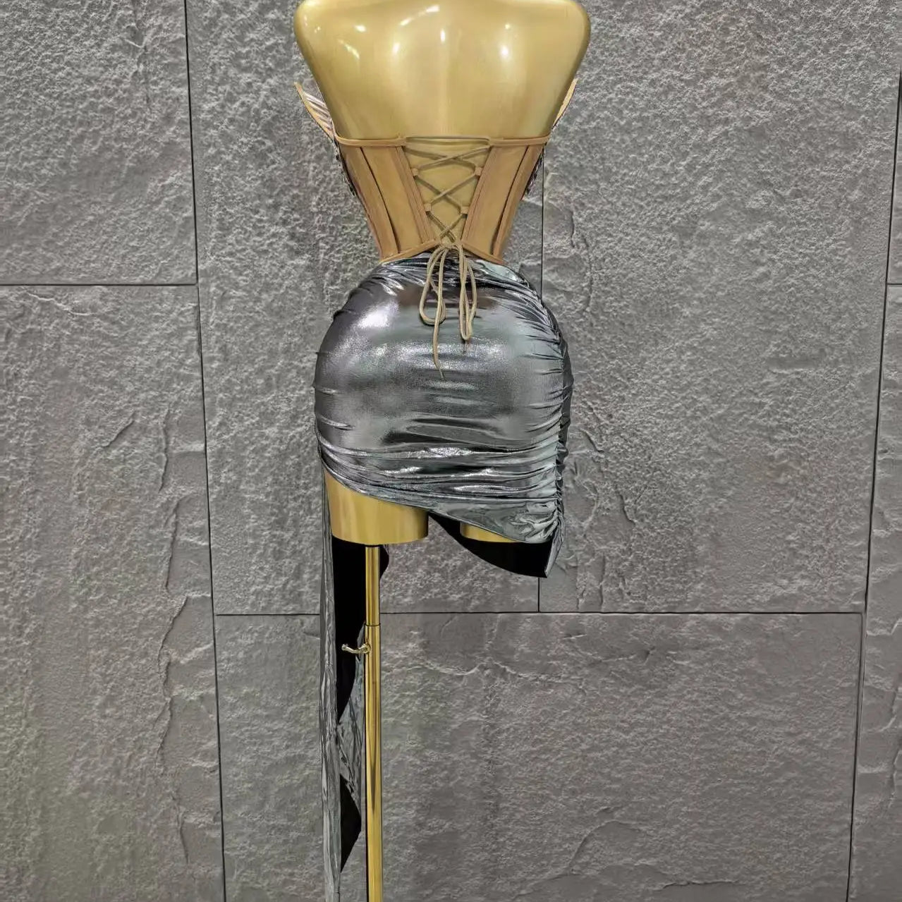 Gold Silver Color Women Sexy Strapless Shinning Crytsal 2 Pieces Bodycon Mini Dress Celebrate Nightclub Party Birthday Wear