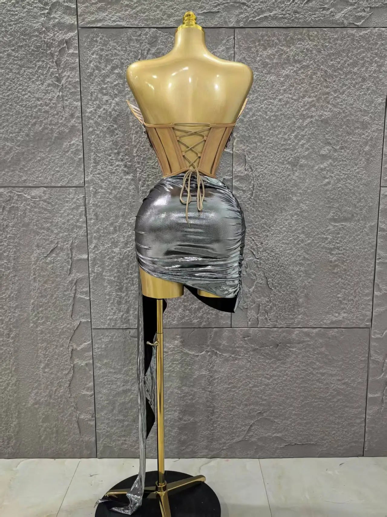 Gold Silver Color Women Sexy Strapless Shinning Crytsal 2 Pieces Bodycon Mini Dress Celebrate Nightclub Party Birthday Wear