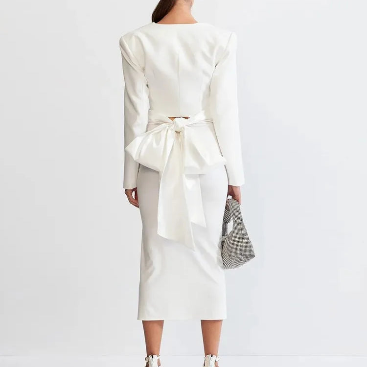 Chic Two Piece Set For Women Round Neck Long Sleeve Top High Waist Spliced Appliques Skirt Elegant Sets Female New