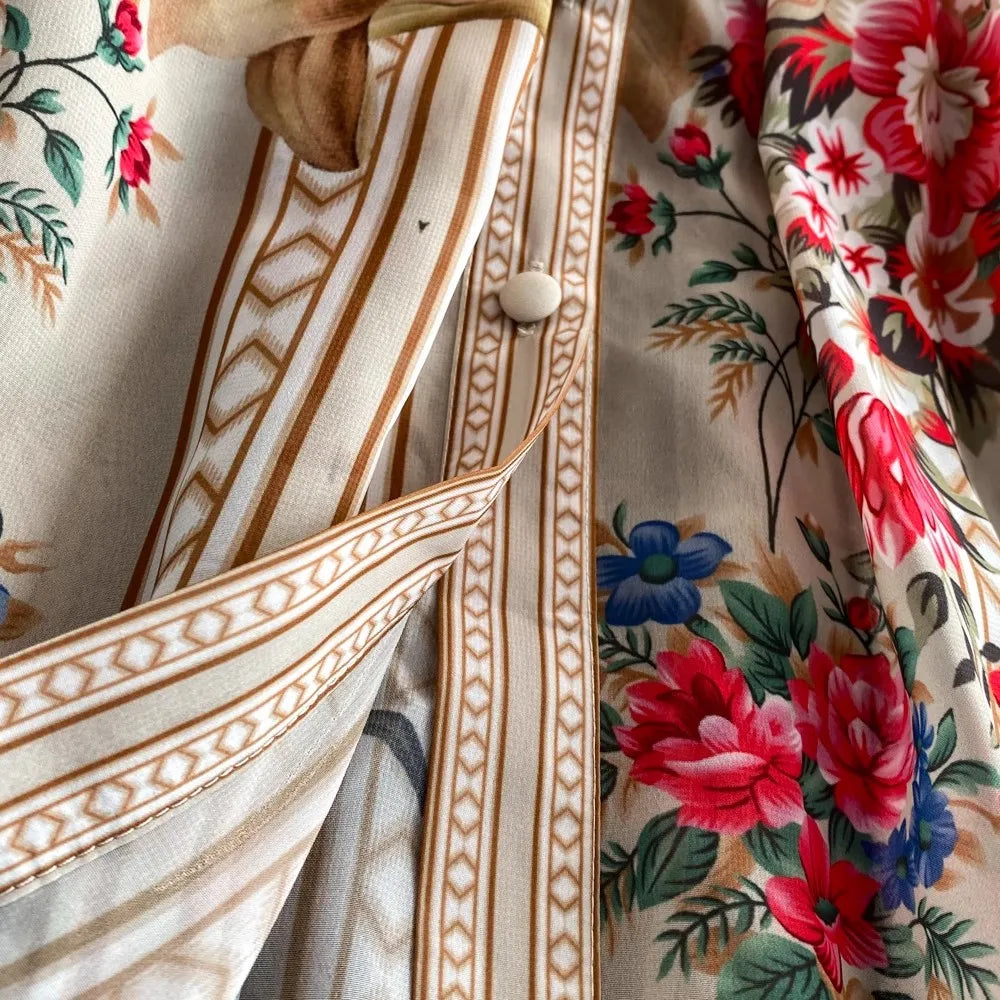 Holiday Flower Print Long Dress Women's Stand Lantern Sleeve Single Breasted Floral Print Belt Oversize Maxi Robe Vestidos 2063