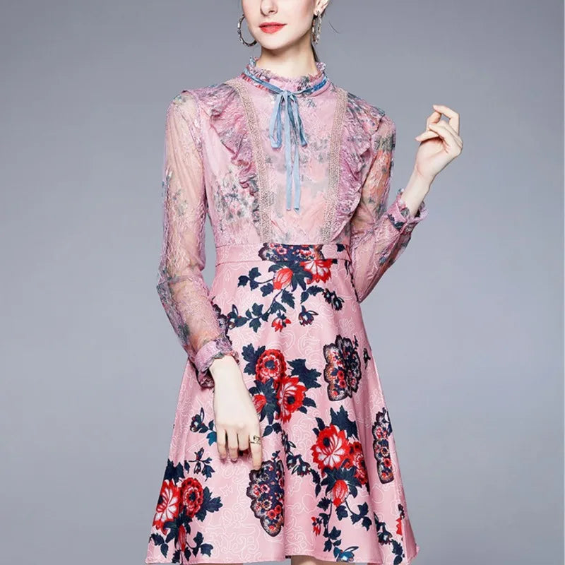 2024 New Women's Summer Fashion Retro Print Stand Up Neck Lace Splice Style Bow Slim Fit Long Sleeved Mid Length Version Dress