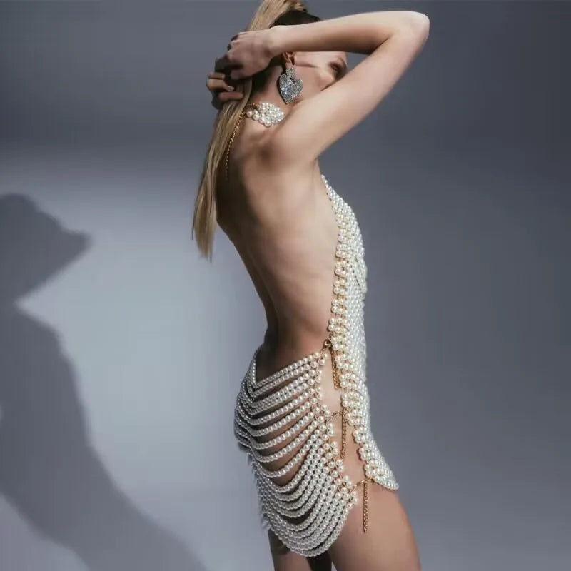 Sexy Backless Pearl Beading Hollow Out Halter Mini Evening Dress Trendiness Party Dress Stage Performance Costume