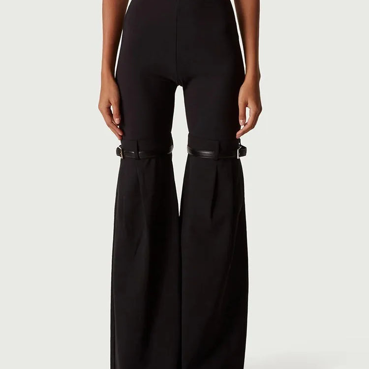 Patchwork Belt Wide Leg Pants For Women High Waist Slimming Solid Long Full Length Trousers Female Fashion Clothing