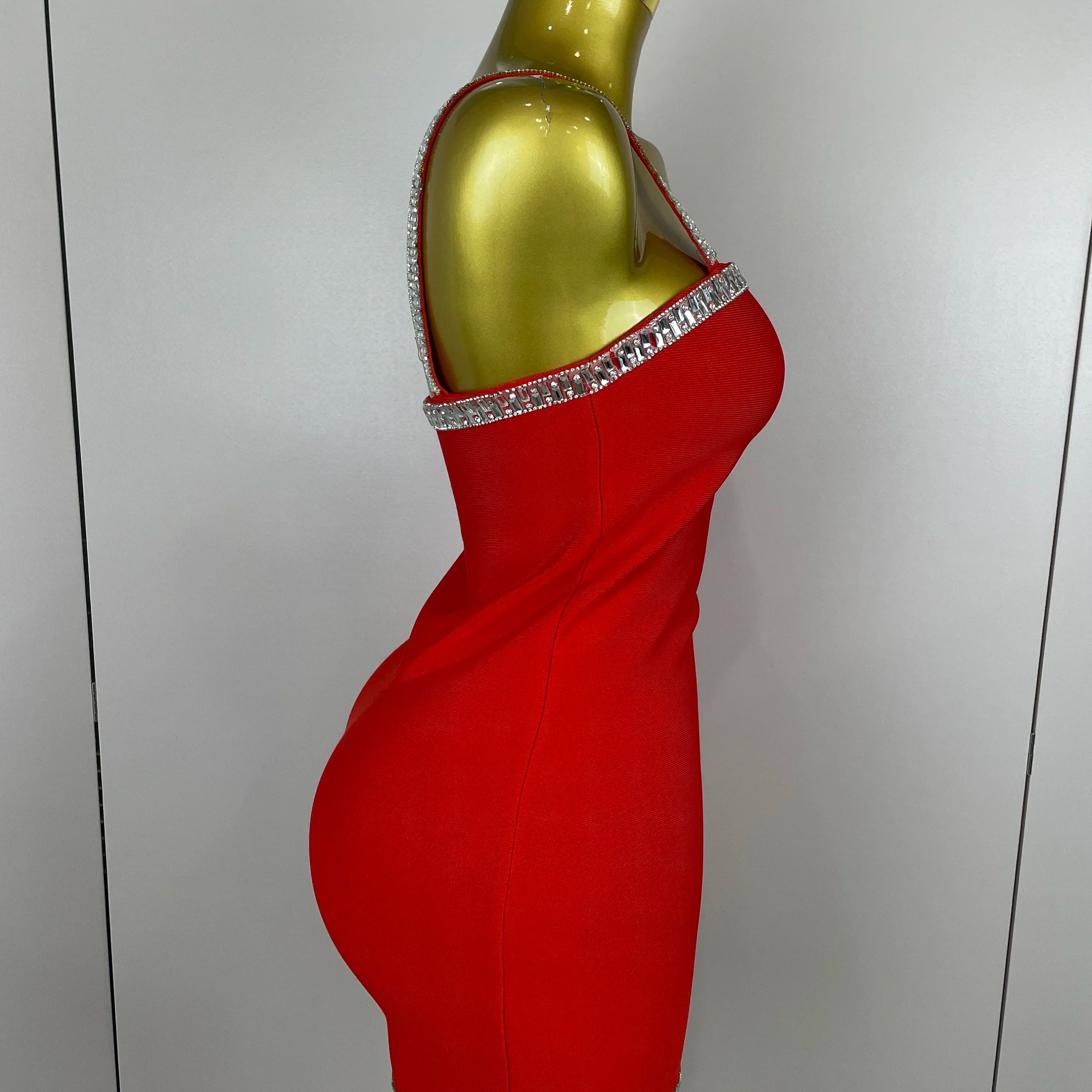 2025 Women Celebrity Luxury Sexy Summer Square Collar Red Crystal Mini Bandage Dress Knitted Elegant Evening Club Party Outfit