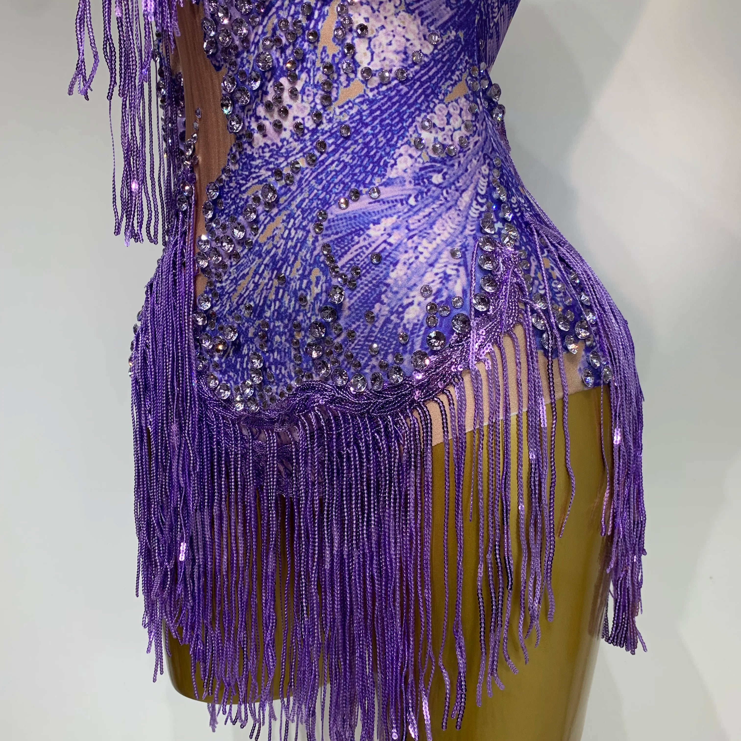 Sexy Sparkly Purple Rhinestones Tassel One Shoulder Sleeve Mini Dress Evening Party Birthday Nightclub Stage Performance Outfit