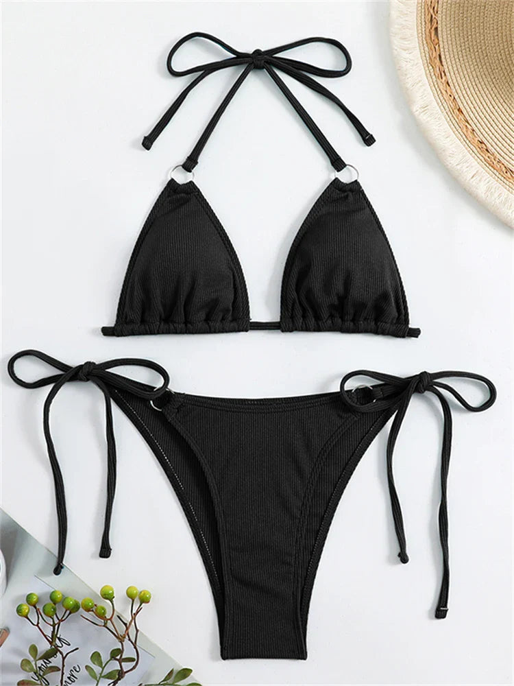 Bikini Women Swimsuit New Solid Ribbed Halter Bikinis Set Sexy Lace Up Swimwear Summer Two Piece Beach Bathing Suit Female black