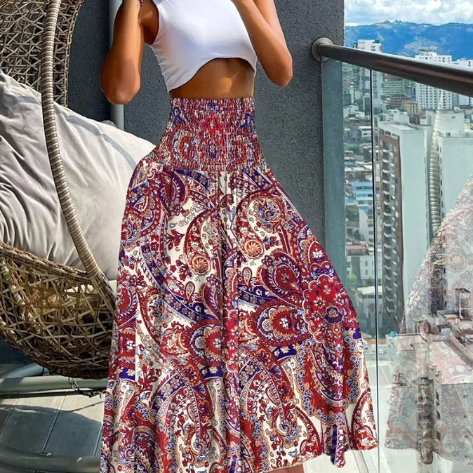 Women Fashion Bandanna Paisley Big Swing High Waist Maxi Skirt Streetwear 2024 Boho Vintage Casual Long Skirts Red