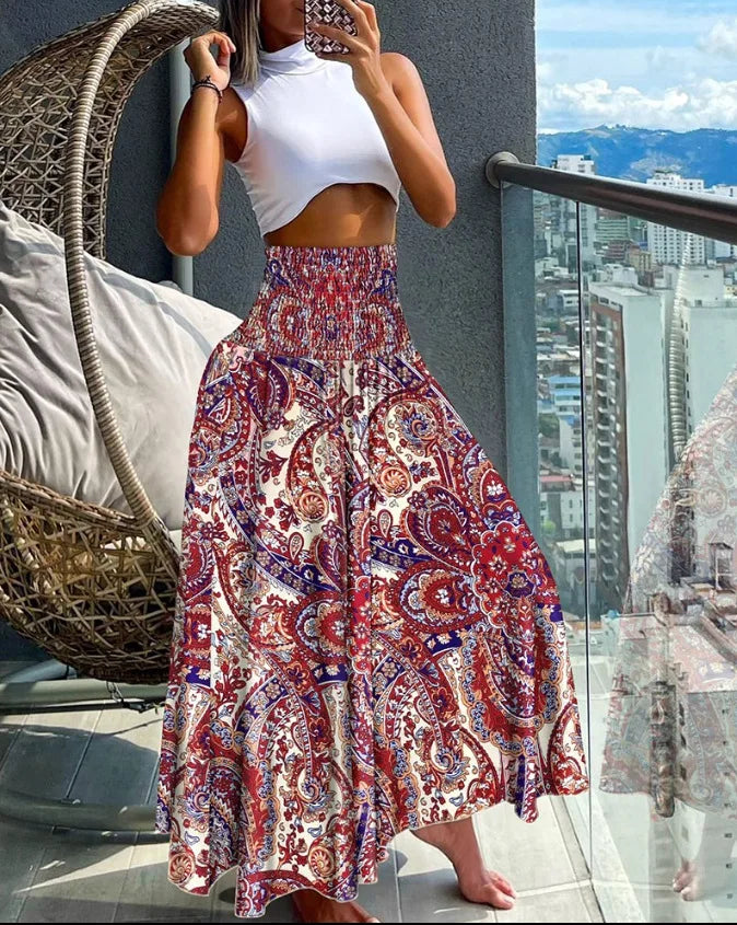 Women Fashion Bandanna Paisley Big Swing High Waist Maxi Skirt Streetwear 2024 Boho Vintage Casual Long Skirts Red