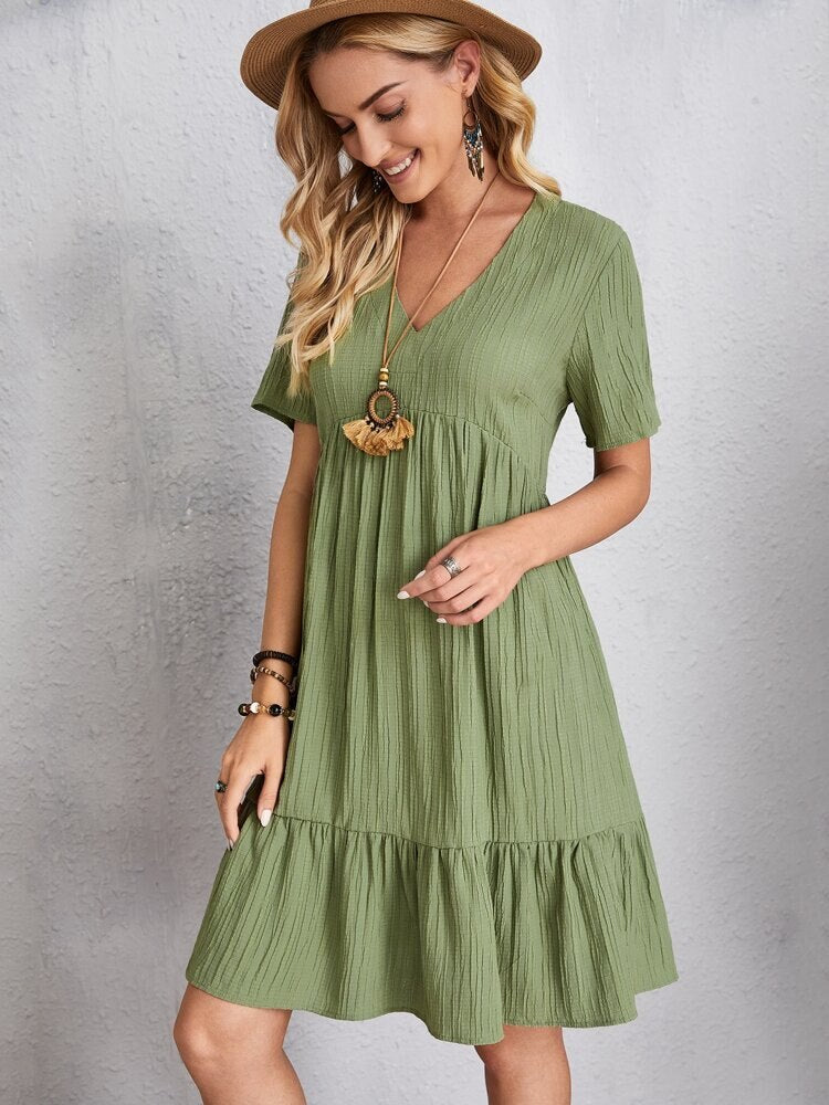 Summer Knee Length Dresses for Women 2024 New-In One-Piece Loose Casual Short Sleeve Dress Vintage Chic Maxi Midi Dress Outfits C3 Green