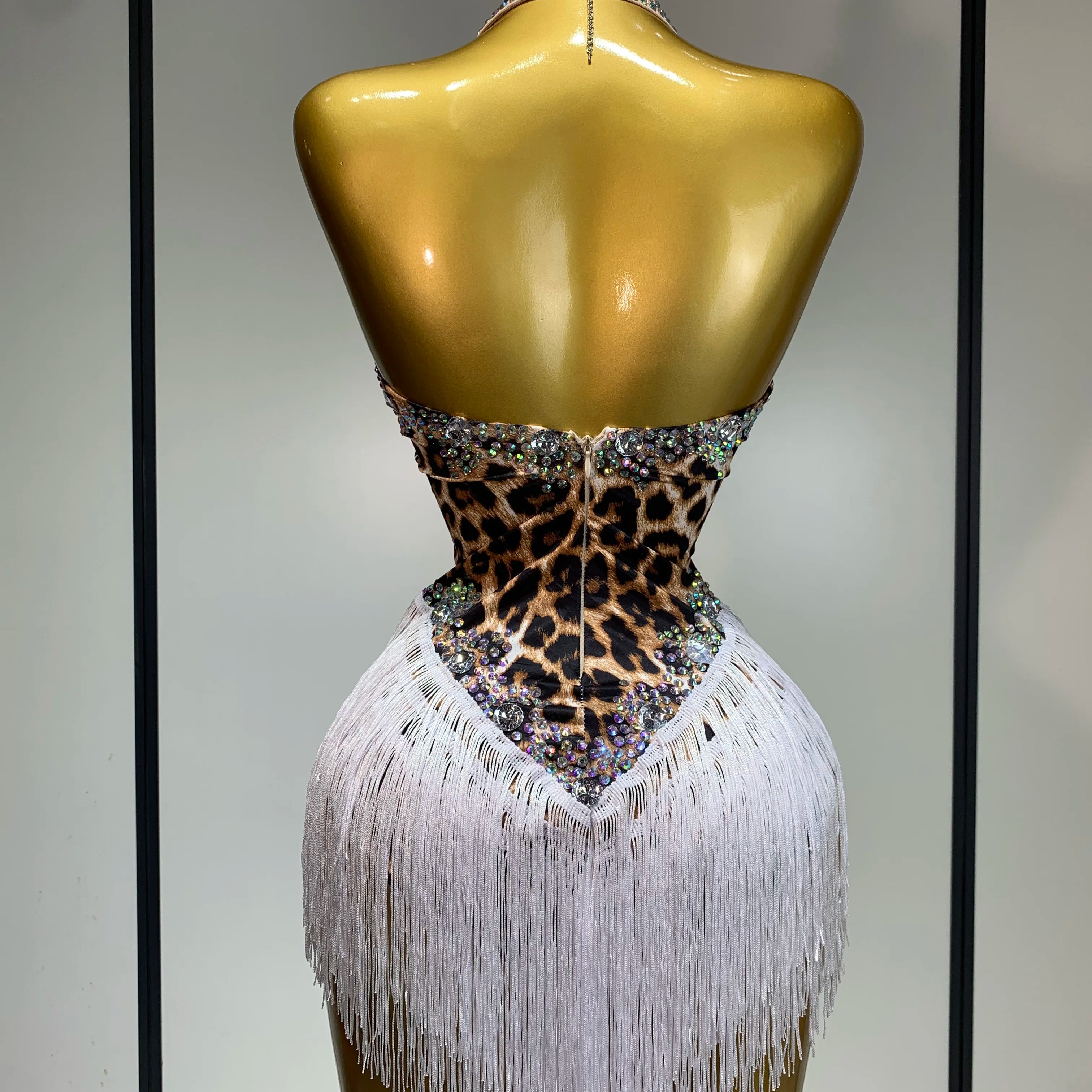 Sexy Backless Sparkly Rhinestones Tassel Leopard Print Bodysuit Performance Dance Costume Singer Dancer Stage Wear Club Outfit
