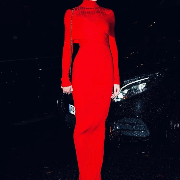 VC Red Jacquard Bandage Long Dress Turtle Neck Cross Design knitted Slim Fit Shawl Style Long Sleeves Pleated Evening Gown