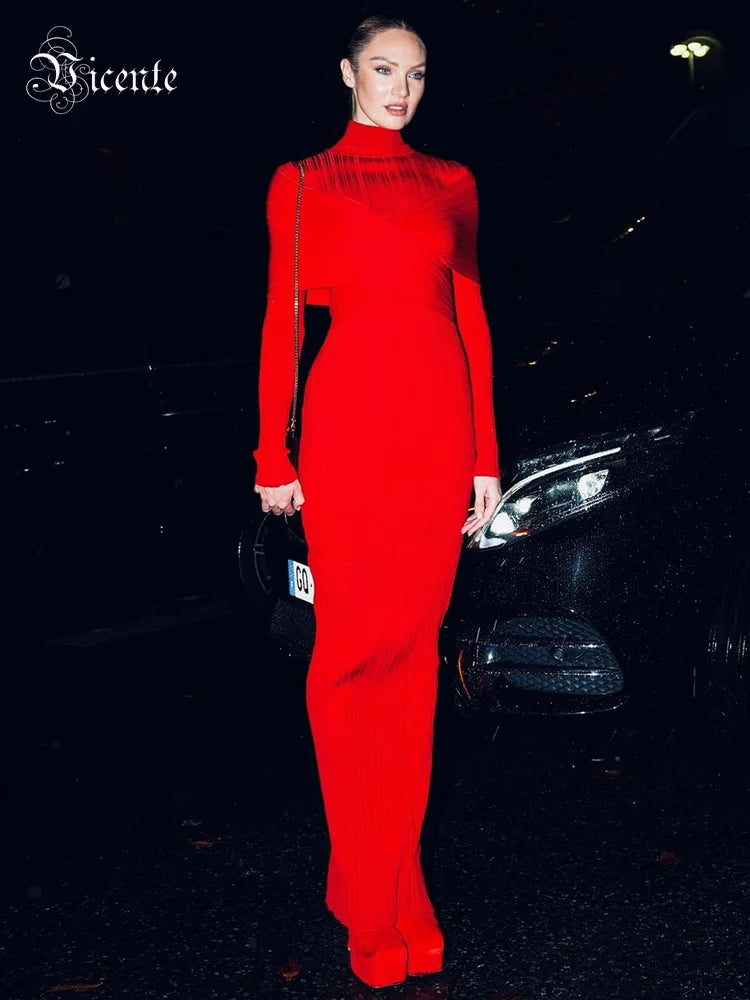 Red Jacquard Bandage Long Dress Turtle Neck Cross Design knitted Slim Fit Shawl Style Long Sleeves Pleated Evening Gown