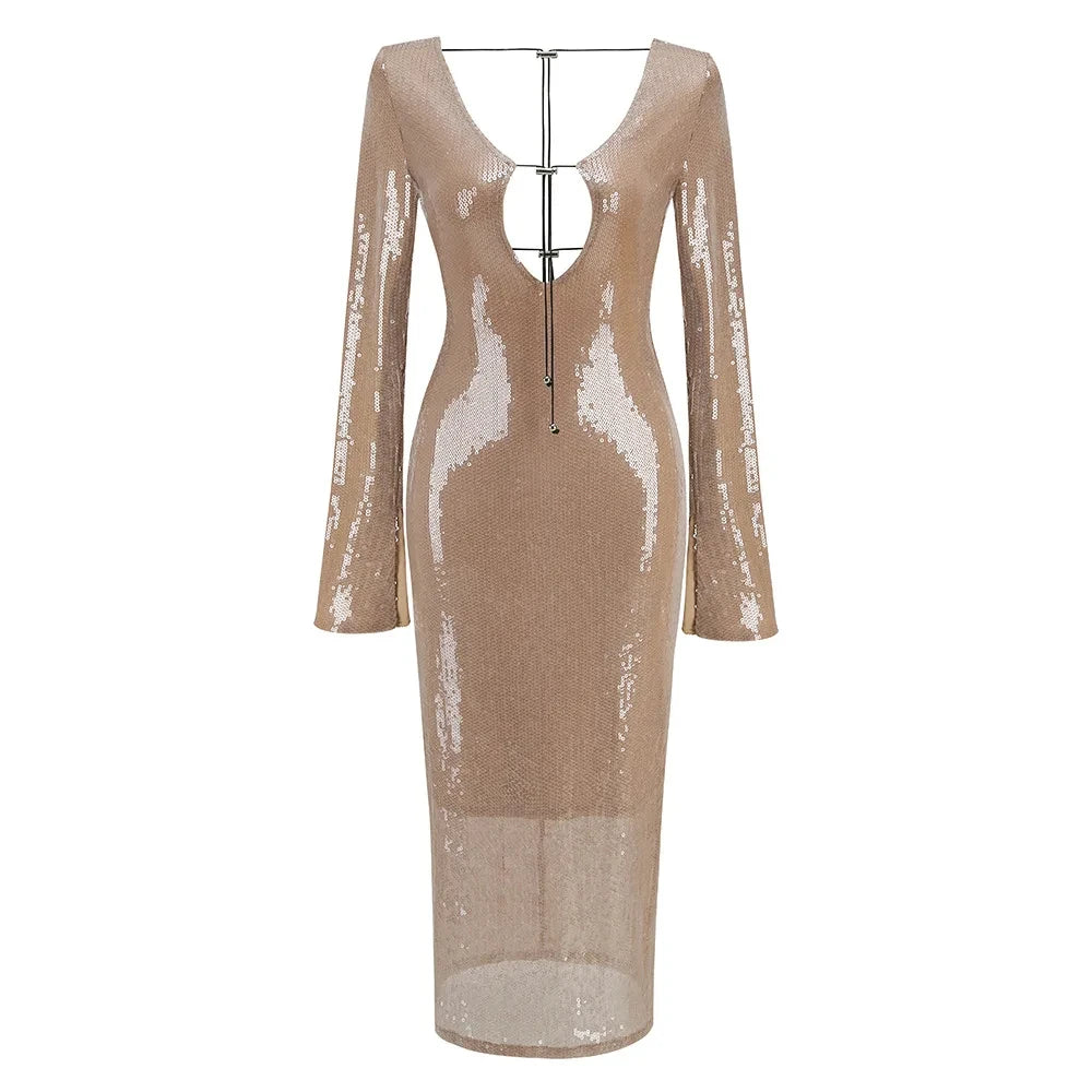 STOCK New Autumn Sparkling Sequins Sexy V-Neck Hollow Out Aklen Length Dress Fashion Woman Evening Party Outfit camel