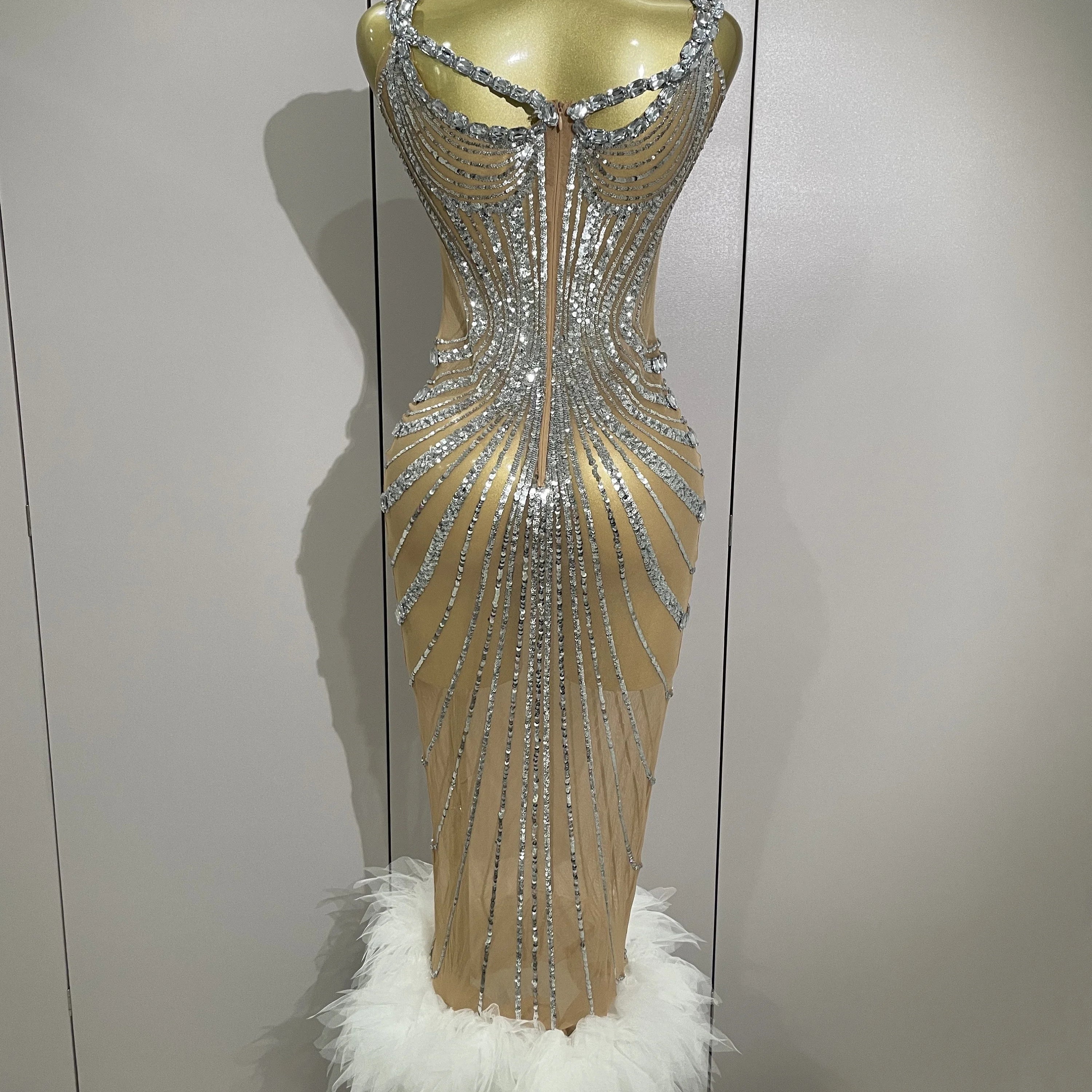 Luxury Sexy Silver Rhinestone Mesh See Through Long Dress 2025 New Women Birthday Party Prom Gown Singer Nightclub Stage Costume