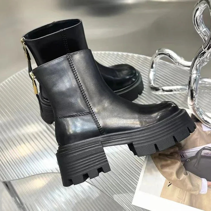 Brand Design Ankle Boots For Women Slip On Black Leather Platform Boots Women Chunky Heel Women Chelsea Boots Winter Shoes