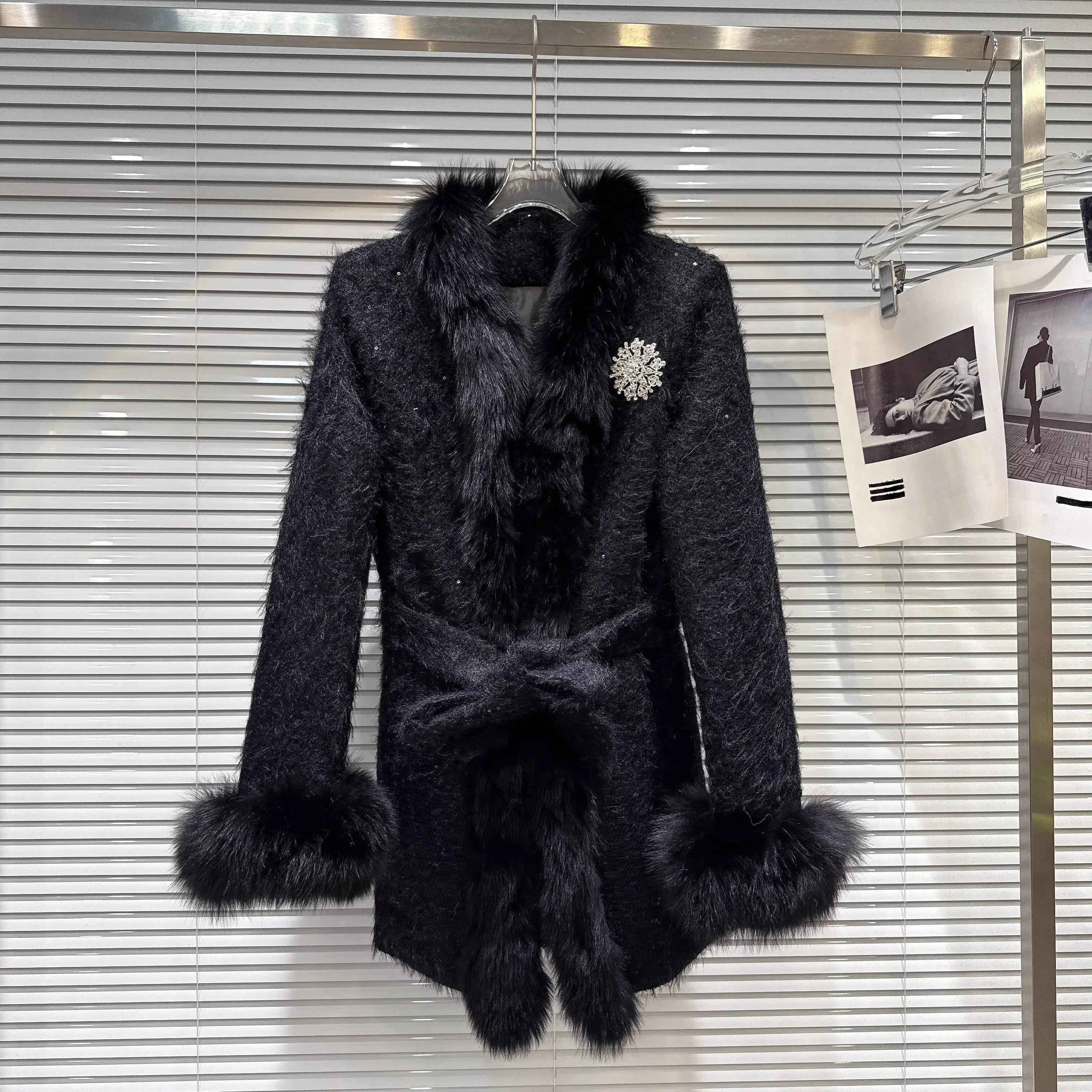 Winter New Fashion Diamond Fox Fur Collar Waist Belt Cotton Coat For Women Lace-up Waisted Jacket Female 11A07796 Black