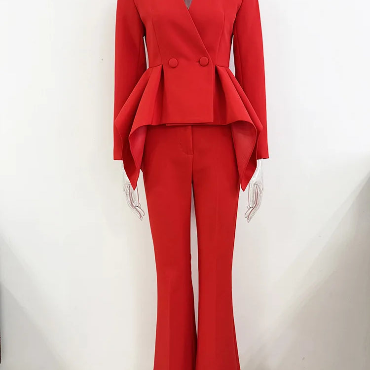 2025 New Red Color Women Long Sleeve Ruffles V-Neck Fashion Women's Set Elegant Evening Party Office Lady Wear Top Quality