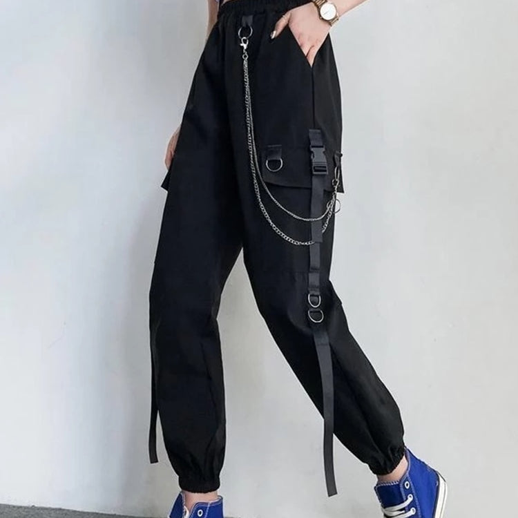 Women Cargo Pants Harem Pants Fashion Punk Pockets Jogger Trousers With Chain Harajuku Elastics High Waist Streetwear