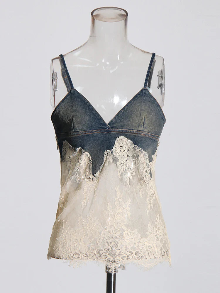 Spliced Lace Denim Two Piece Set For Women V Neck Sleevelss Top High Waist Knee Length Pant Streetwear Sets Female