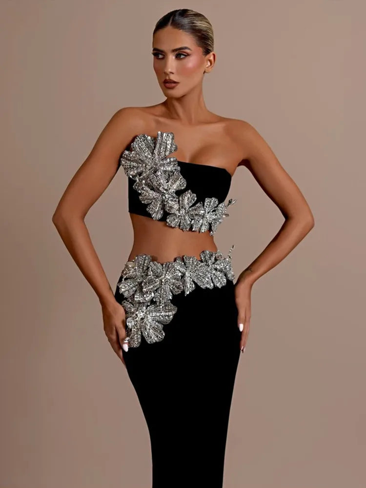 Women Sexy Strapless Flower Diamonds Crystal Black Maxi Long Bandage Skirt Set Knitted Elegant Evening Club Party Clothing