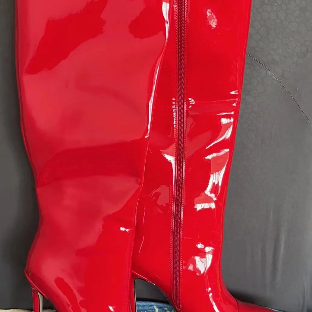 Thigh High Boots Candy Color Mirror Leather Women Knee High Boots High Heels Stilettos Runway Shoes for Women High Heel Boots 05red12cm