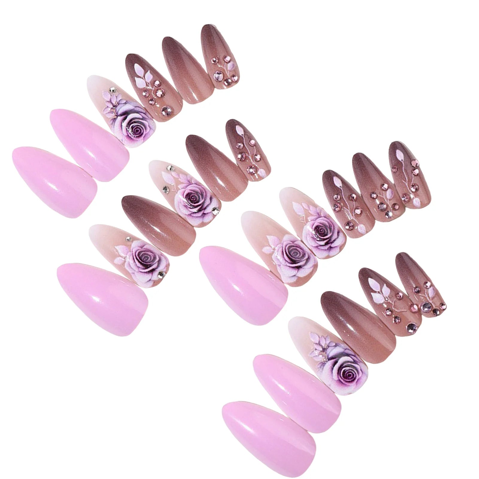 Purple Flower Press on Nails 24Pcs Almond/Coffin Wearable Fake Nails Flower Printed Woman DIY Manicure Acrylic False Nails Tips