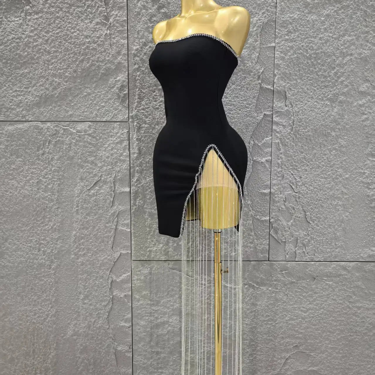 Women Sexy Strapless Diamond Chain Bodycon Mini Bandage Dress Celebrate Nightclub Party Birthday Cocktail Outfit