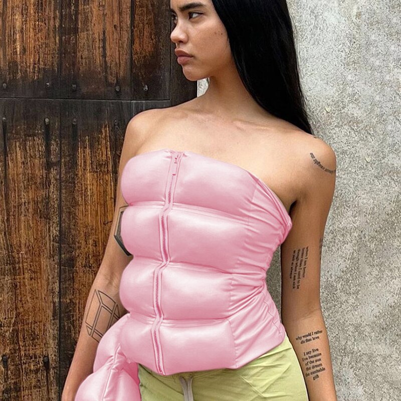 Sexy Women Shiny Gold Silver Bustier Crop Tops Bright PU Leather Crown Girdle Slimming Waist Strapless Low-cut Corset Top Summer Pink 1