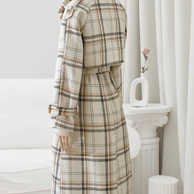 Autumn Winter Long Loose Warm Plaid Wool Blends Trench Coat for Women Raglan Sleeve Belt Double Breasted Woolen Overcoat