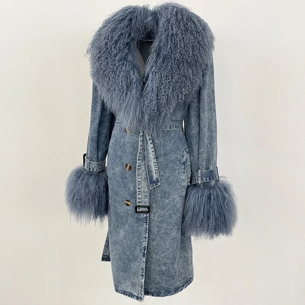 Fur Coats Woman Long Sleeve Tops for Woman Korean Dongdaemun High Quality Clothing Long Viking Woman Real Fur Coats Woman 2025 denim big fur cuff