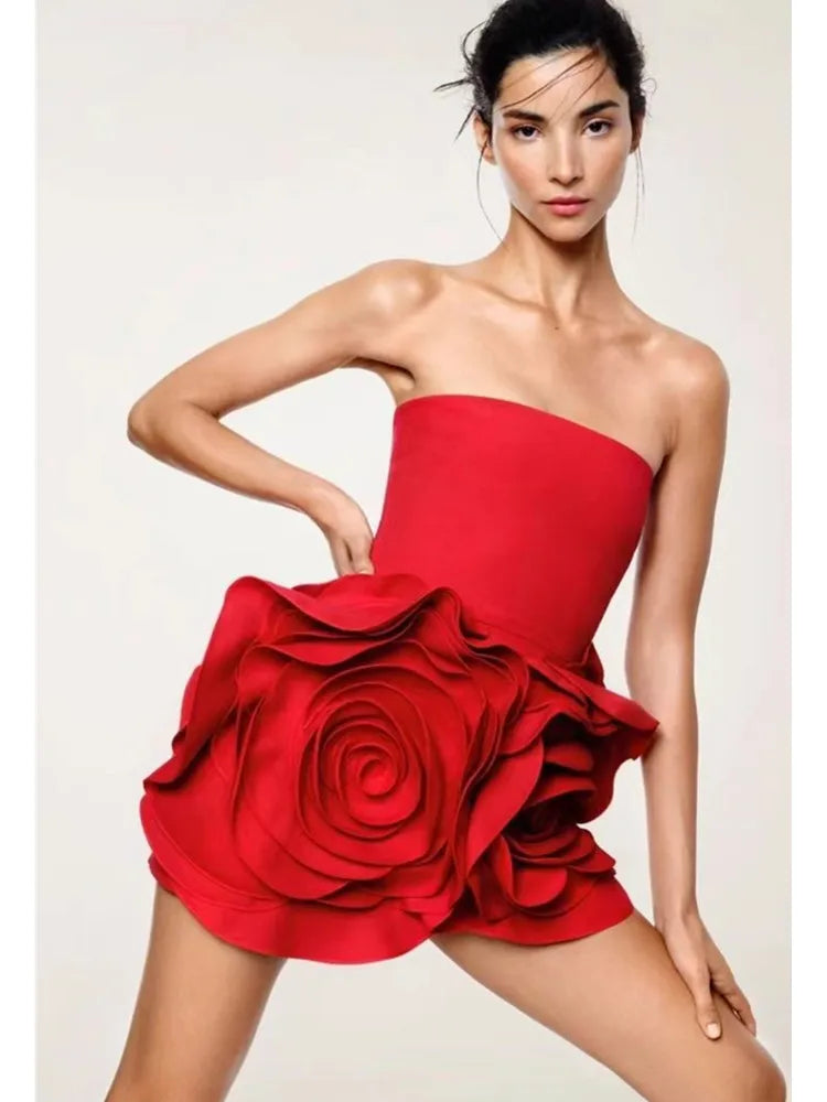 Women Celebrity Sexy Strapless Backeless Red Flower Mini Bodycon Bandage Dress Elegant Evening Club Party Dress Red
