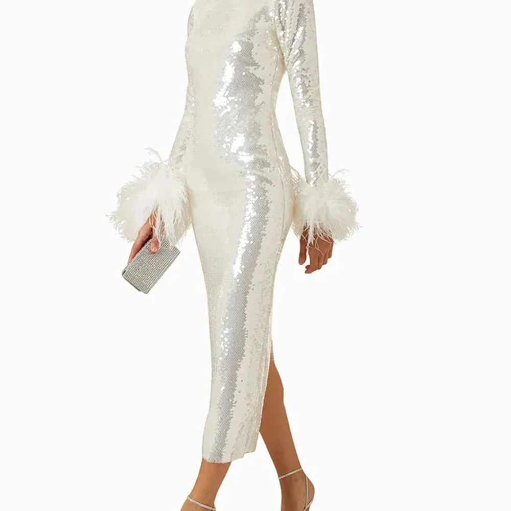 Modphy Women O Neck Long Sleeve Luxury Sequin Feather Bodycon Dress White Elegant Skinny Dress Celebrity Evening Party