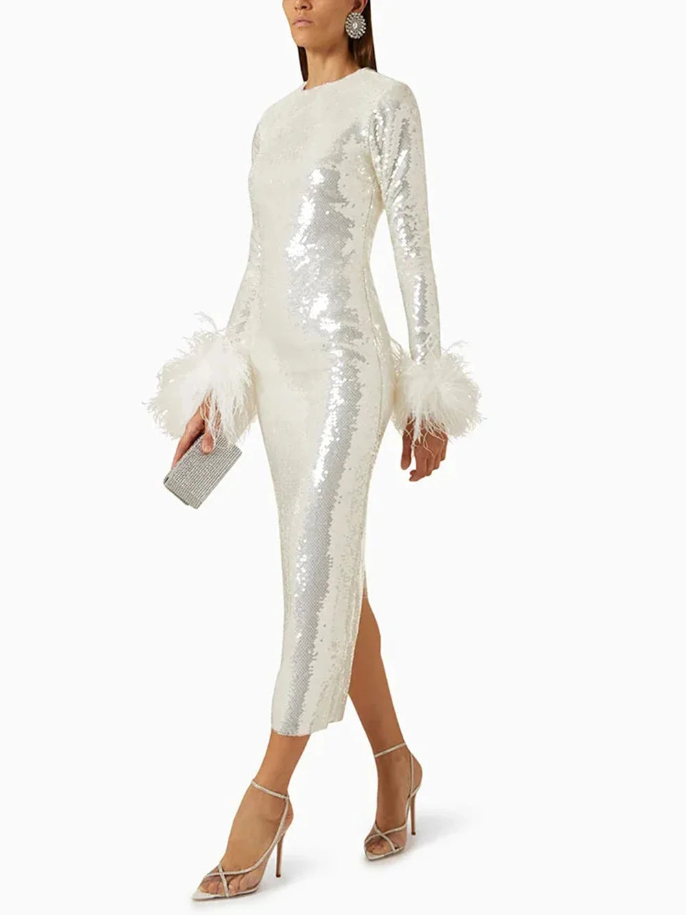 Modphy Women O Neck Long Sleeve Luxury Sequin Feather Bodycon Dress White Elegant Skinny Dress Celebrity Evening Party