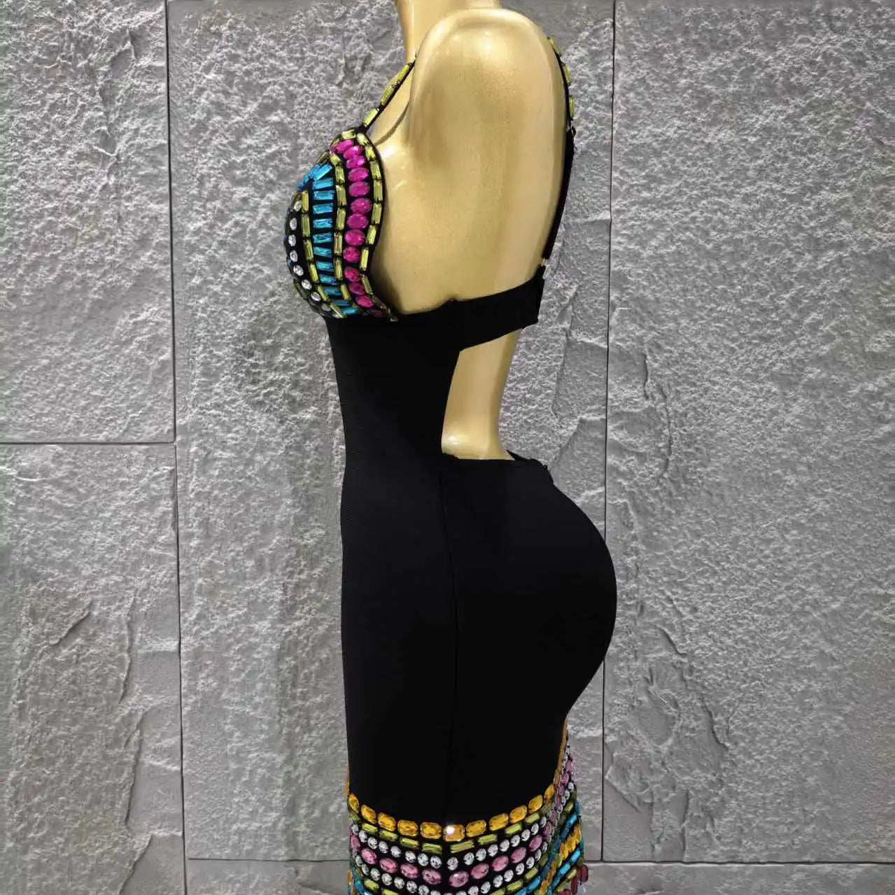 Black Color Women Sleeveless Sexy V-Neck Bodycon Mini Bandage Dress Colorful Crystal Celebrate Nightclub Party Red Carpet Dress