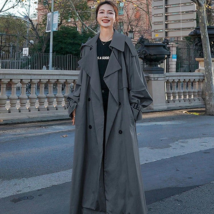 Spring Autumn Extra Long Flowy Oversized Casual Trench Coat for Women Belt Double Breasted Loose Korean Fashion 2022 grey