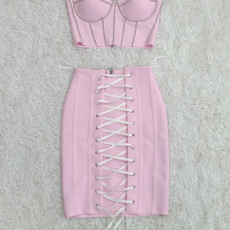 Women Summer Sexy Strapless Lace Diamonds Pink Mini Bandage Skirt Set Knitted Elegant Evening Cocktail Party Dresses