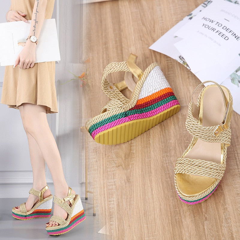 Women Fashion Candy Color Weave Sandals Platform Women Shoes Summer Gladiator Sandals Hemp Rainbow Wedge High Heel Shoes