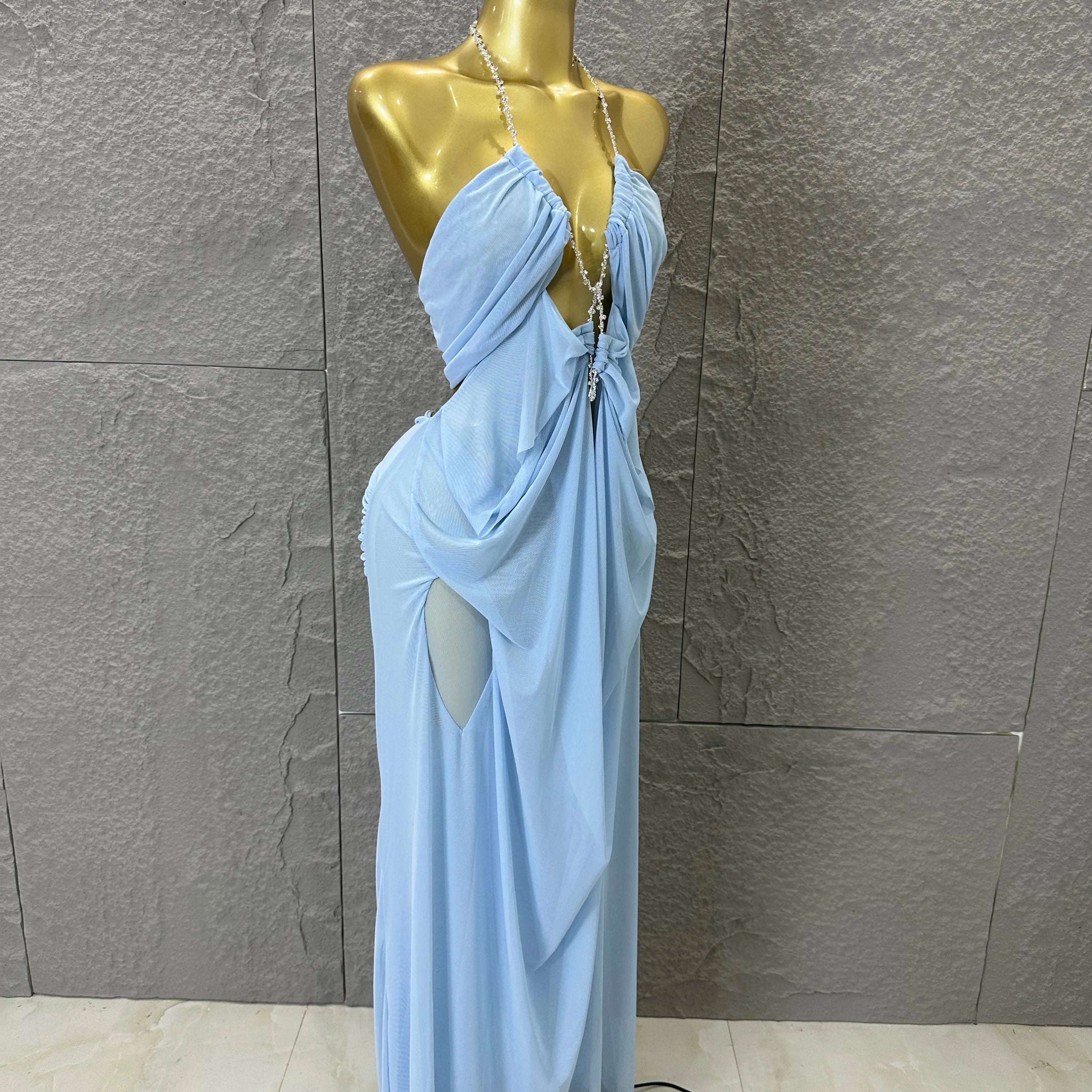 Sexy Halter Neck Maxi Dress Crystal Chain Cutout Ruched Women Sheer Mesh Form Outfit Glamorous Evening Gala Party Costume