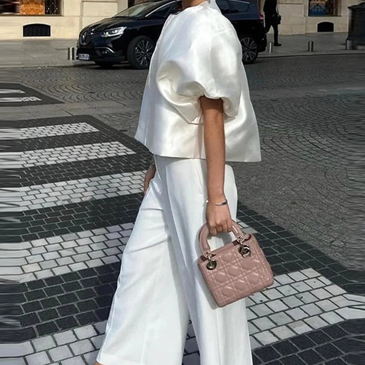 Elegant Satin Ruffle Shirt for Women Lantern Short Sleeve Loose O-neck Female Top Spring Summer Fashion Lady Streetwear