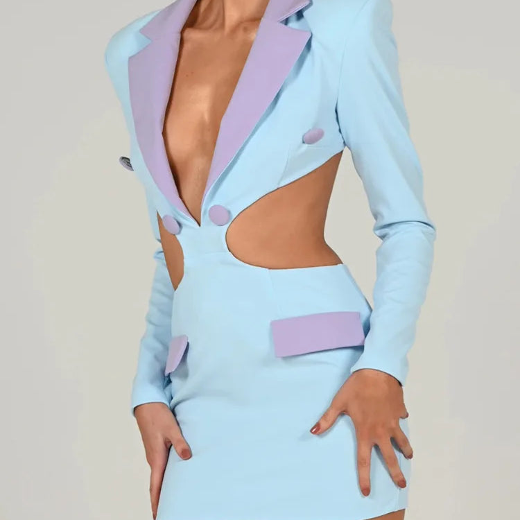 Hollow Out Backless Blazer Dress For Women Robe Autumn Notched Collar Full Sleeve Bodycon Party Mini Dress Vestido