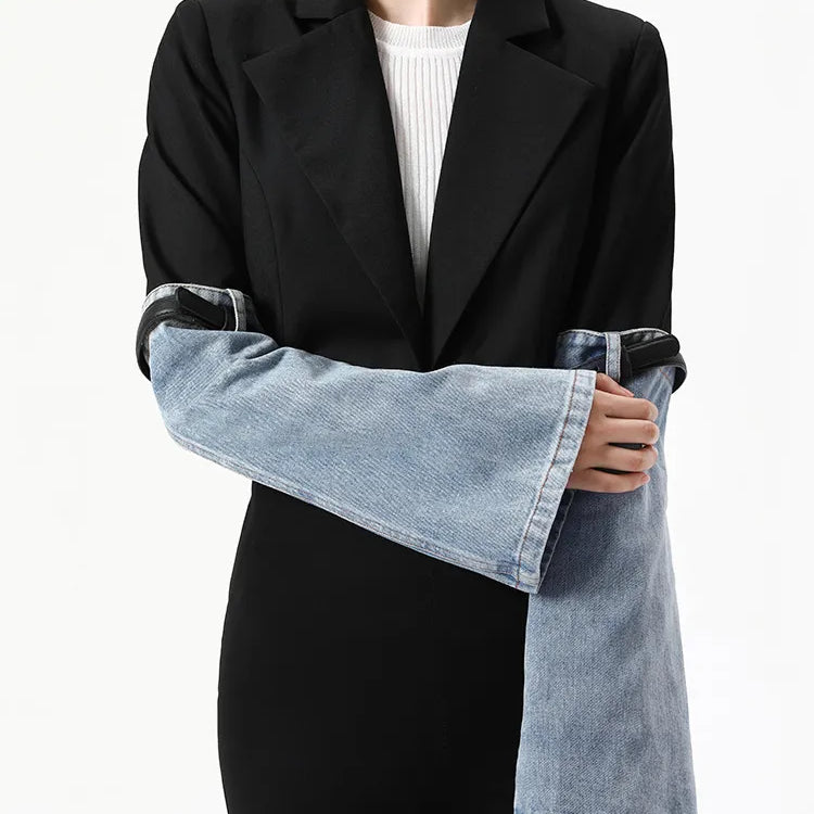 Colorblock Patchwork Denim Casual Coats For Women Lapel Long Sleeve Spliced Button Coat Female Fashion Clothing New