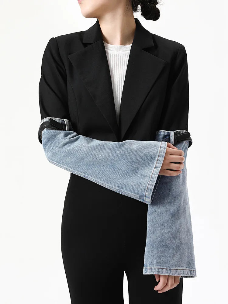 Colorblock Patchwork Denim Casual Coats For Women Lapel Long Sleeve Spliced Button Coat Female Fashion Clothing New