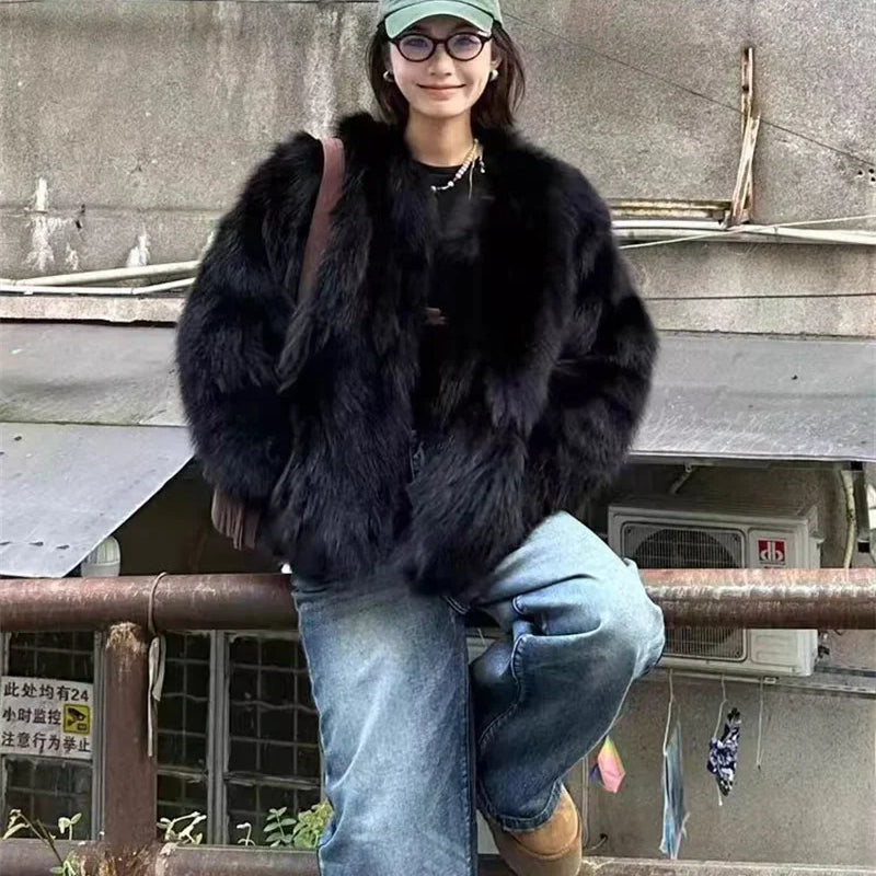 Imitation Fox Fur Eco Friendly Fur Coat Cardigan Women's Winter New Black Short Style Slim and Fashionable Young Fur Coat