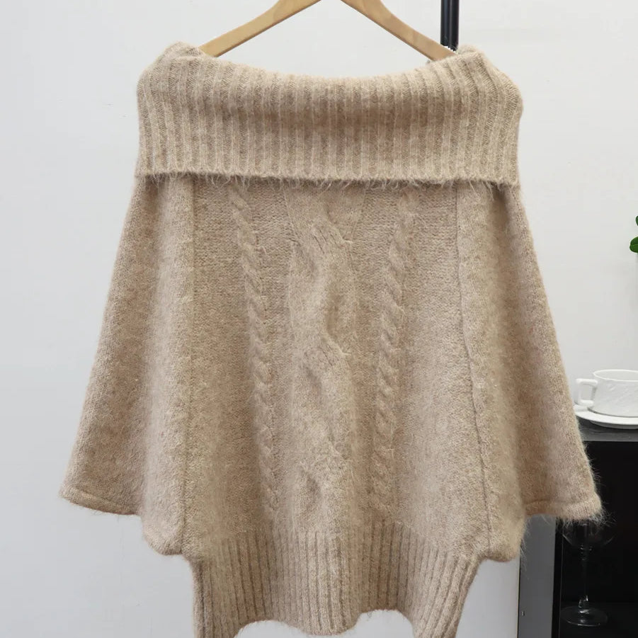 Autumn Winter New Off-Shoulder Design Thickened Cable Knit Cape Sweater Lazy Style Pullover For Women 11A07620 Khaki One Size